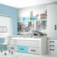 Dormitorio juvenil en blanco, gris y azul agua